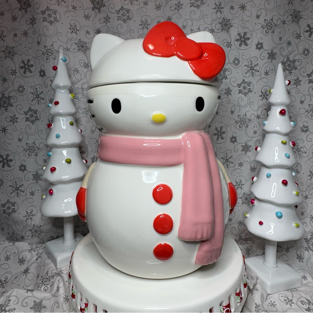 Sanrio Hello Kitty Christmas Snowman XL Cookie Jar w/ Pink Scarf & Red Bow